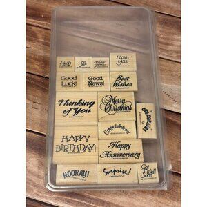 VINTAGE 1992 STAMPIN' UP!  GREAT GREETINGS WOOD MOUNTED RUBBER STAMP SET OF 16